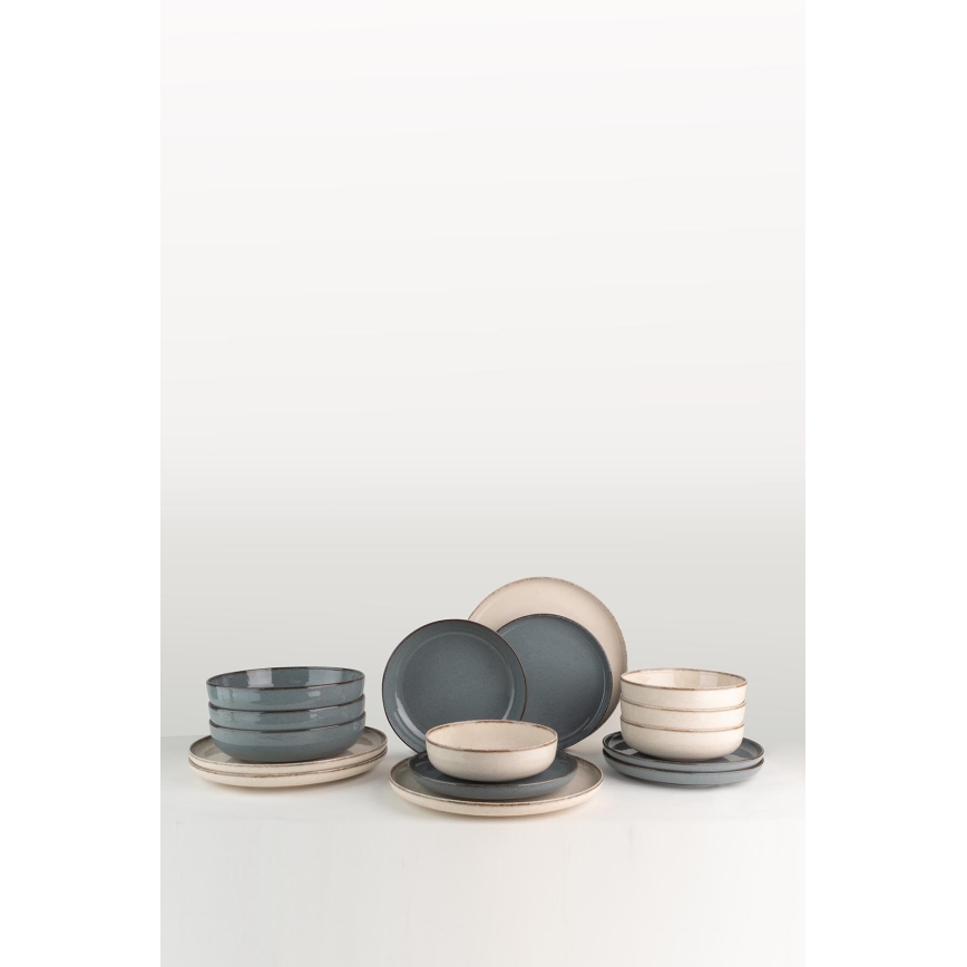 16 dalių stalo indų rinkinys, smėlio ir mėlynos spalvos, porcelianas