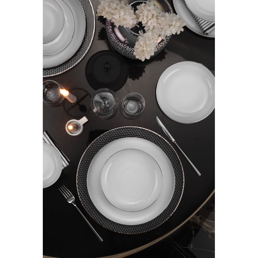 18 dalių stalo indų rinkinys baltas/sidabrinis/porcelianinis