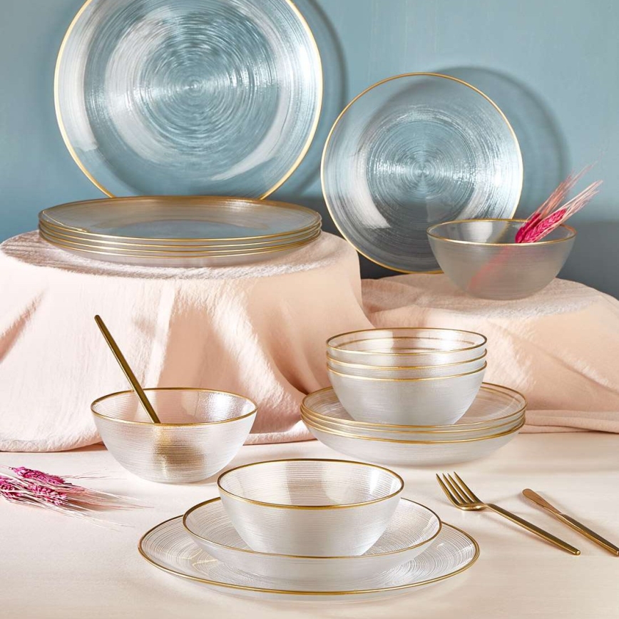 18 dalių stalo indų rinkinys, skaidrus/auksinis, stiklas