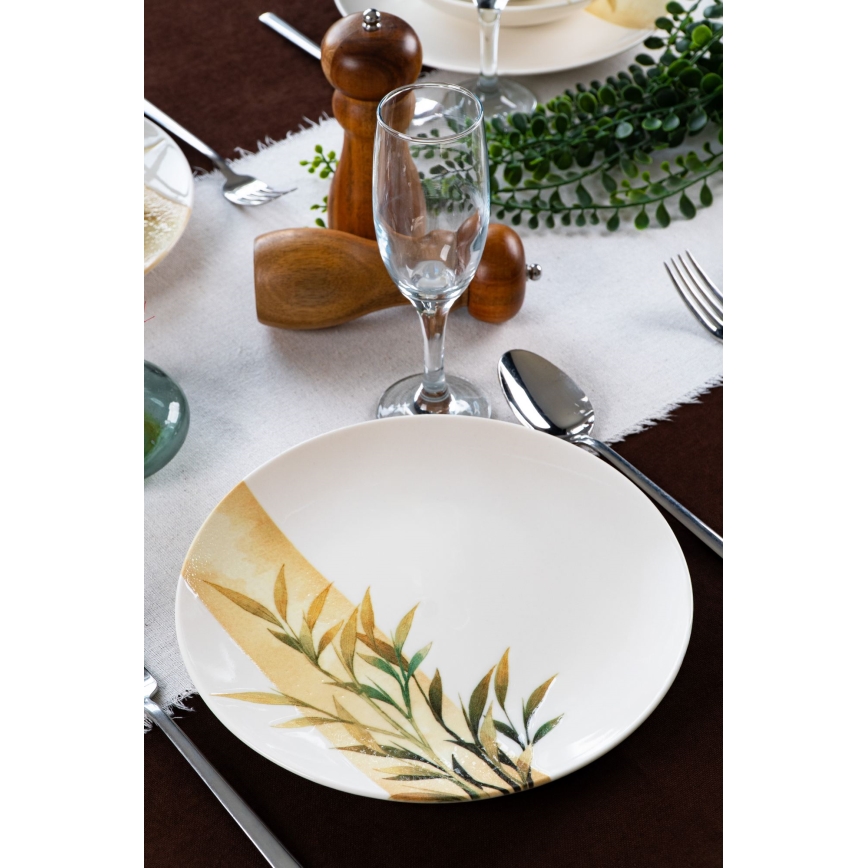 18 dalių stalo indų rinkinys — baltas/žalias/geltonas, pagamintas iš porceliano