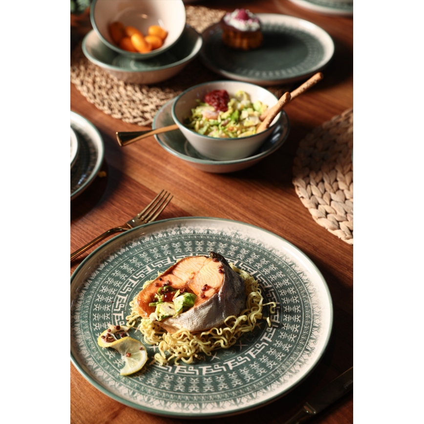 24 dalių indų rinkinys, smėlio/žalios spalvos, iš akmens masės