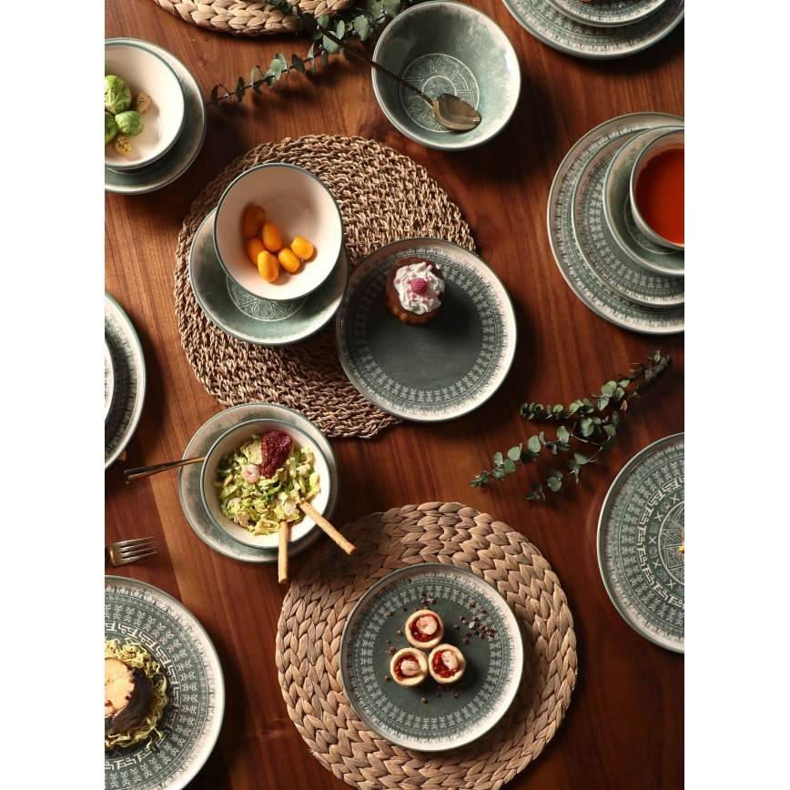 24 dalių indų rinkinys, smėlio/žalios spalvos, iš akmens masės