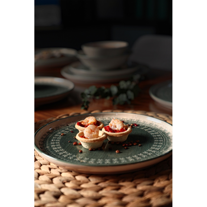 24 dalių indų rinkinys, smėlio/žalios spalvos, iš akmens masės