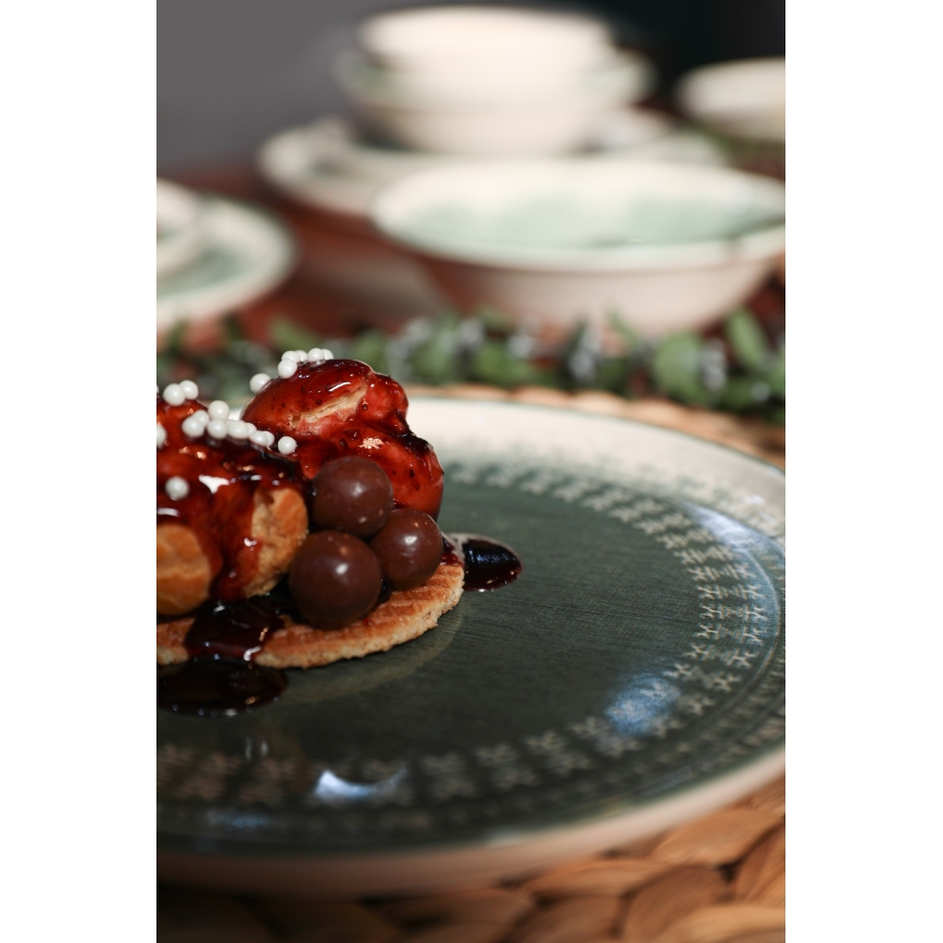 24 dalių indų rinkinys, smėlio/žalios spalvos, iš akmens masės