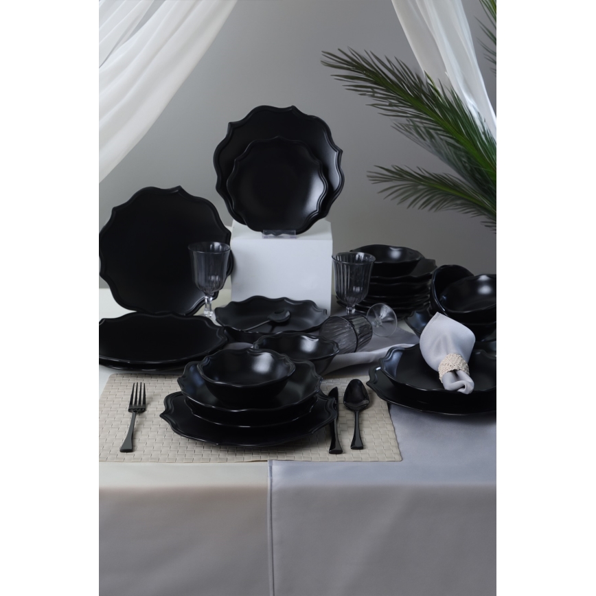 24 dalių juodas valgomojo indų rinkinys iš akmens masės