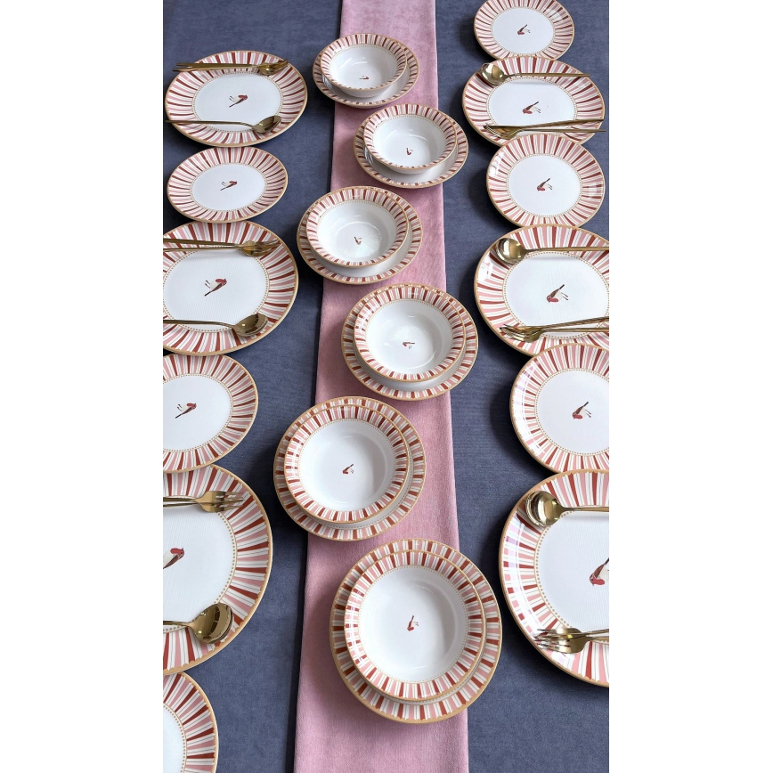 24 dalių stalo indų rinkinys balta/raudona/auksinė/keramika