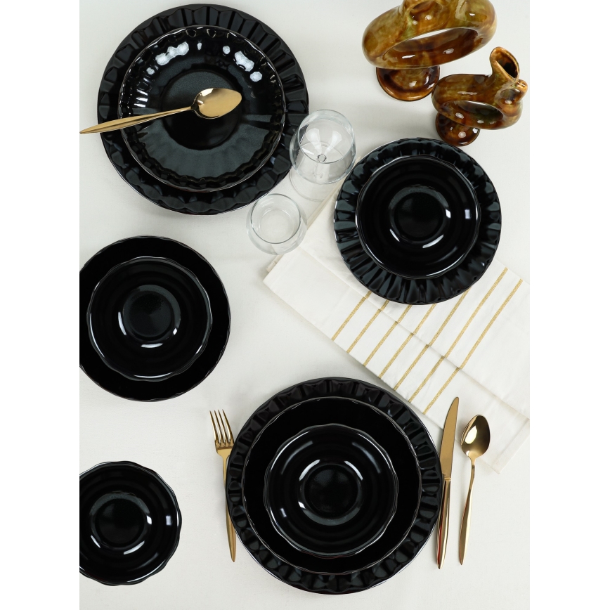 24 dalių stalo indų rinkinys, juodos spalvos / iš akmens masės