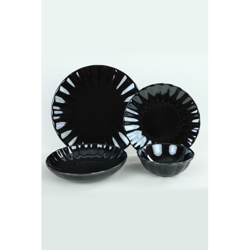 24 dalių stalo indų rinkinys, juodos spalvos / iš akmens masės