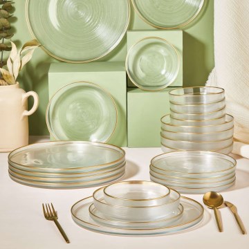 24 dalių stalo indų rinkinys skaidrus/auksinis/stiklas