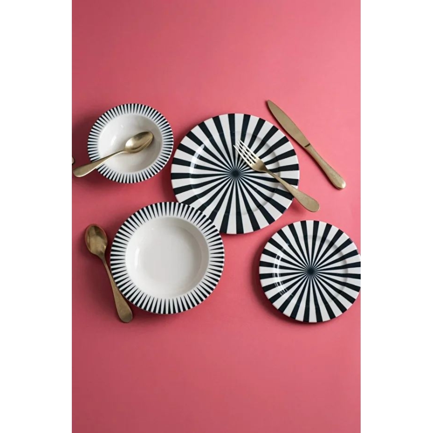 24 dalių stalo indų rinkinys — baltas/juodas/porcelianinis