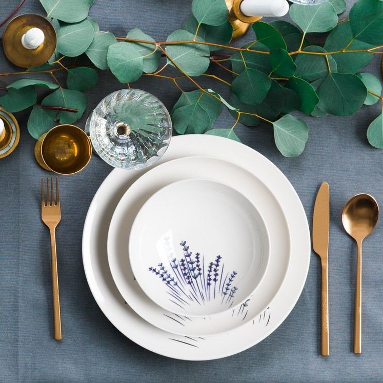 24 dalių stalo indų rinkinys — baltas/mėlynas, iš porceliano