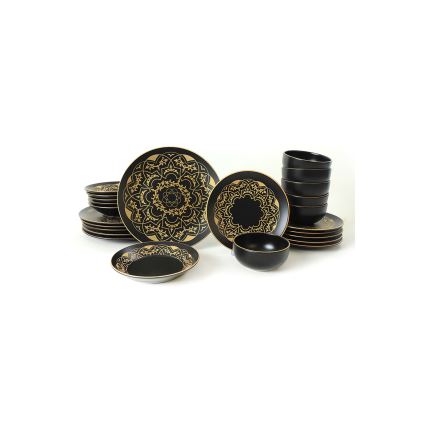24 dalių stalo indų rinkinys — juodos ir auksinės spalvos, keramika
