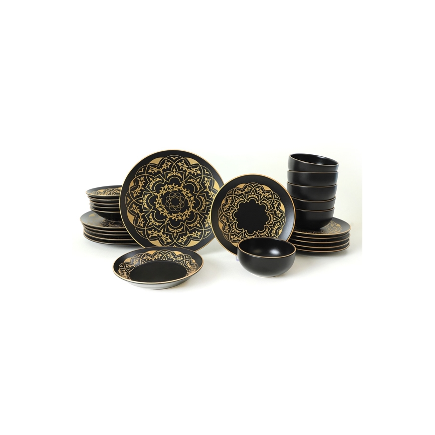 24 dalių stalo indų rinkinys — juodos ir auksinės spalvos, keramika