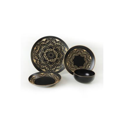 24 dalių stalo indų rinkinys — juodos ir auksinės spalvos, keramika