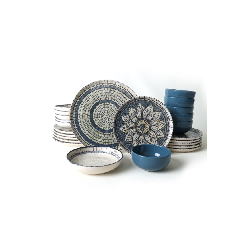 24 vnt. stalo indų rinkinys mėlynas/kreminis/akmens masės