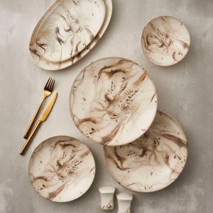 26 dalių stalo indų rinkinys, smėlio/rudos spalvos, iš porceliano