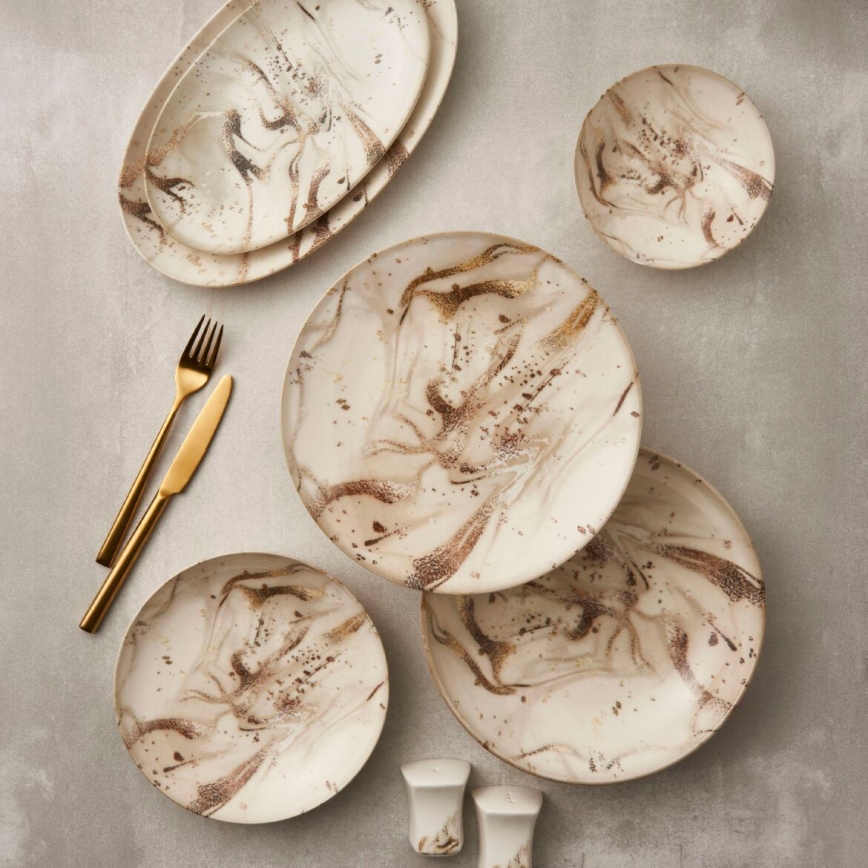 26 dalių stalo indų rinkinys, smėlio/rudos spalvos, iš porceliano