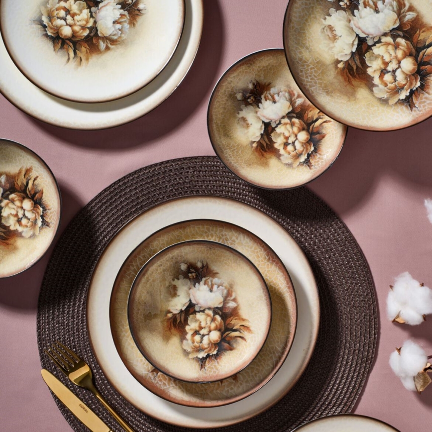 26 vnt. valgomojo indų rinkinys smėlinė/ruda/balta/porcelianas