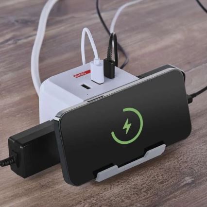 Pratęsimo laidas su belaidžiu QI įkrovimu 2Z +2xUSB-A+1xUSB-C 2m baltas