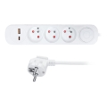 3 lizdų prailgiklis su jungikliu ir USB A+C įkrovimu, 3 m