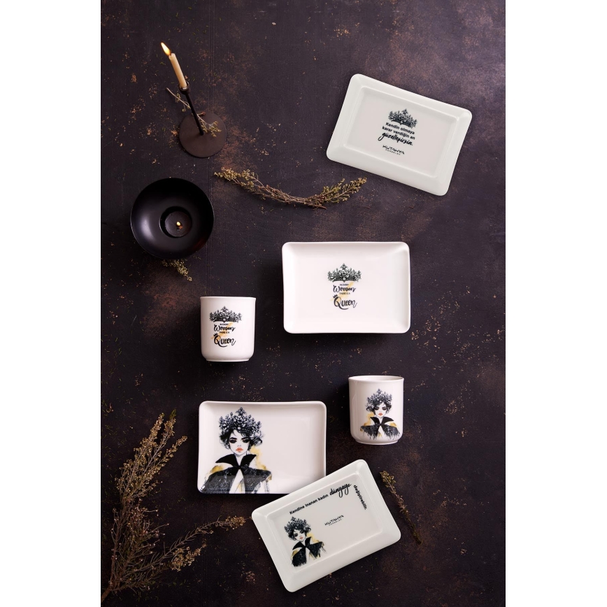 4 dalių valgomojo indų rinkinys, juodos arba baltos spalvos, porcelianas