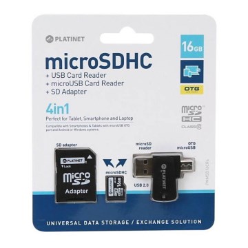 4in1 MicroSDHC 16GB + SD adapteris + MicroSD skaitytuvas + OTG adapteris