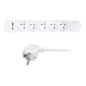5 lizdų prailgintuvas su jungikliu ir USB A/C įkrovimu, 3 m