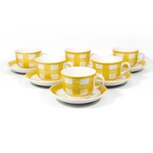 6x Keraminių puodelių Lucie rinkinys su lėkšte balta geltona