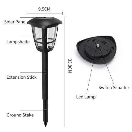 Aigostar - Rinkinys 12 vnt. LED saulės lempų LED/0,06W/2V 33,8 cm 6500K 100 mAh IP44 juoda