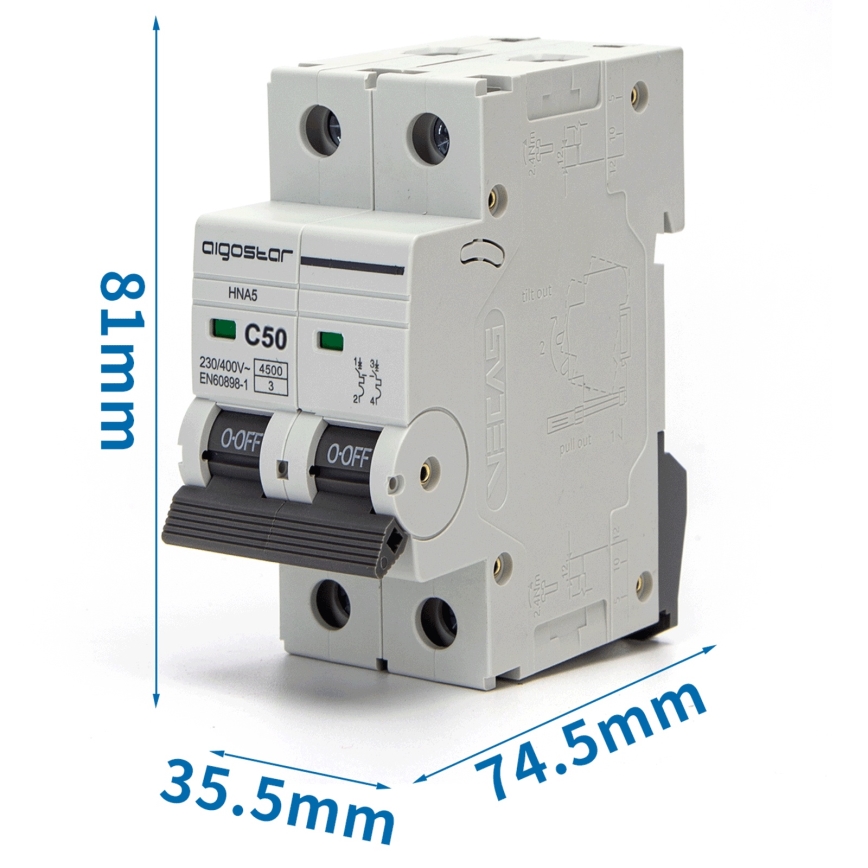 Aigostar - 2 fazių automatinis išjungiklis 2P-50A-C 230-400V