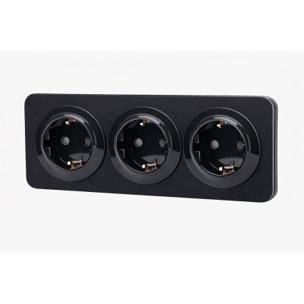 Aigostar - 3 lizdų SCHUKO sieninis lizdas su rėmeliu, 250V/16A, juodas