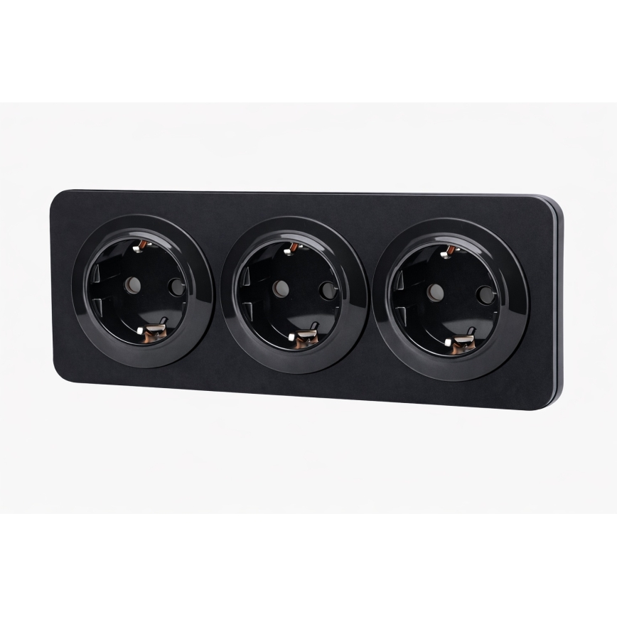 Aigostar - 3 lizdų SCHUKO sieninis lizdas su rėmeliu, 250V/16A, juodas
