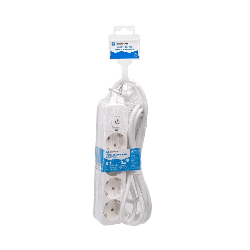 Aigostar - Pratęsimo laidas su jungikliu 4 lizdai, F tipo, 3 m, SCHUKO, balta