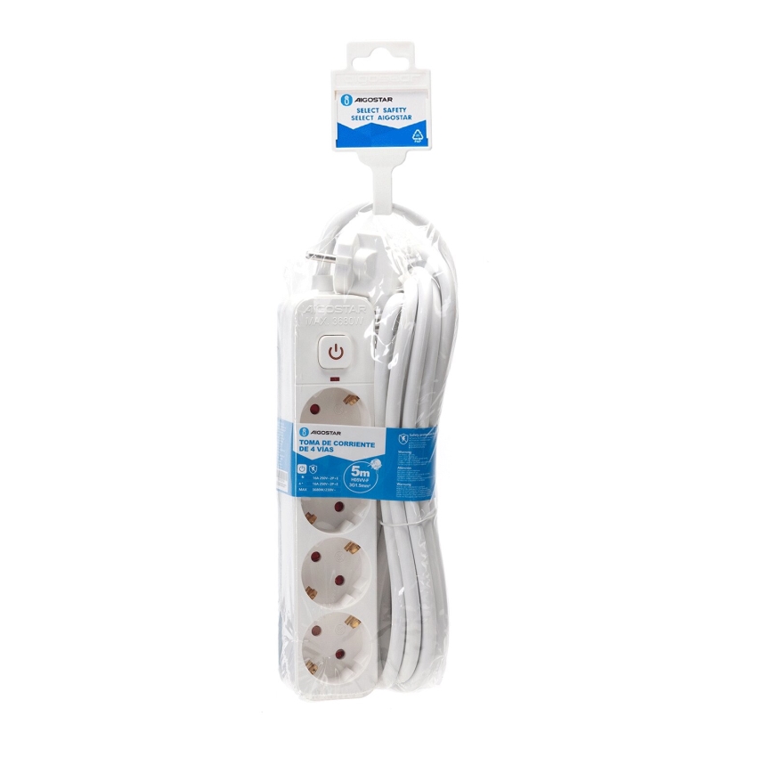 Aigostar - Pratęsimo laidas su jungikliu 4 lizdai, F tipo, 5 m, SCHUKO, balta