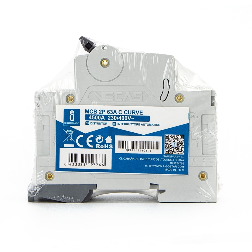Aigostar - Automatinis išjungiklis 2 fazių 2P-63A-C 230-400V