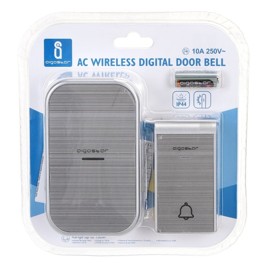 Aigostar - Belaidis kištukinis durų skambutis 230V/12V IP44 sidabro spalvos