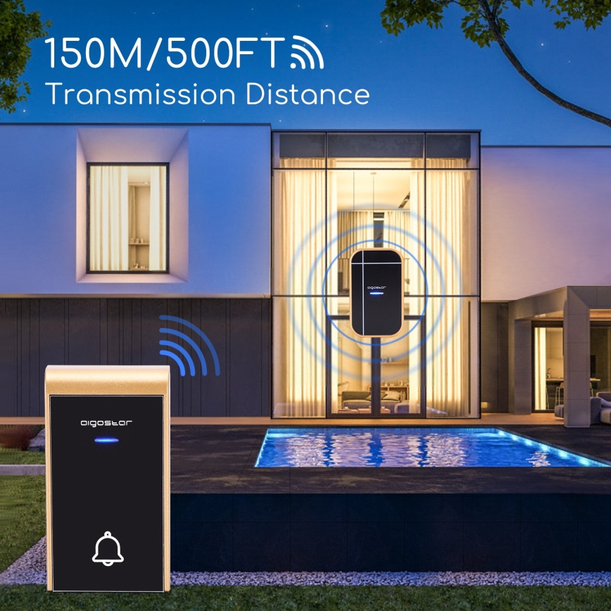 Aigostar - Bevielis kištukinis durų skambutis 230V/12V IP44 juodas