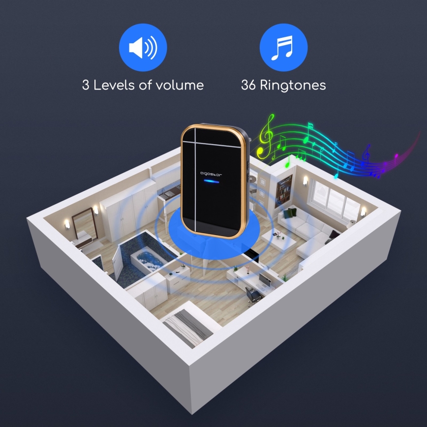 Aigostar - Bevielis kištukinis durų skambutis 230V/12V IP44 juodas