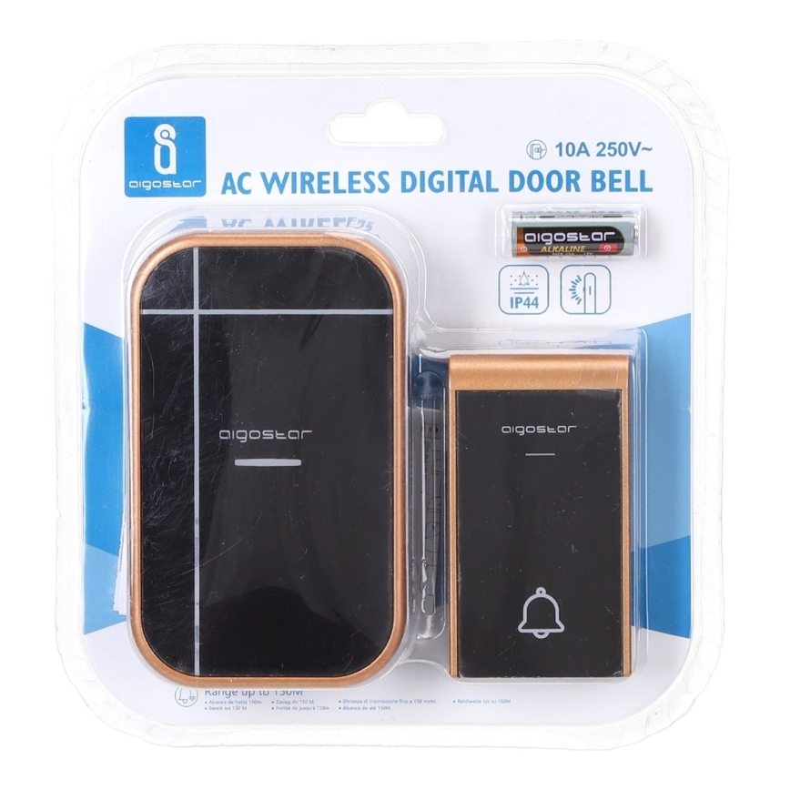 Aigostar - Bevielis kištukinis durų skambutis 230V/12V IP44 juodas