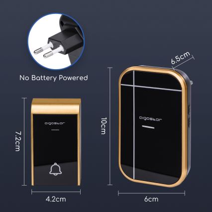 Aigostar - Bevielis kištukinis durų skambutis 230V/12V IP44 juodas