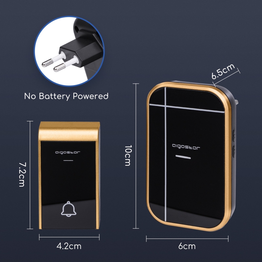 Aigostar - Bevielis kištukinis durų skambutis 230V/12V IP44 juodas