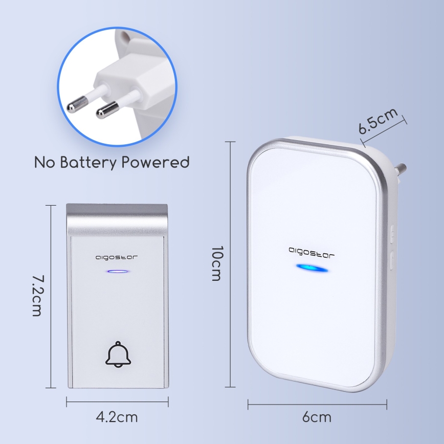 Aigostar - Belaidis durų skambutis į lizdą 230V/12V IP44 baltas