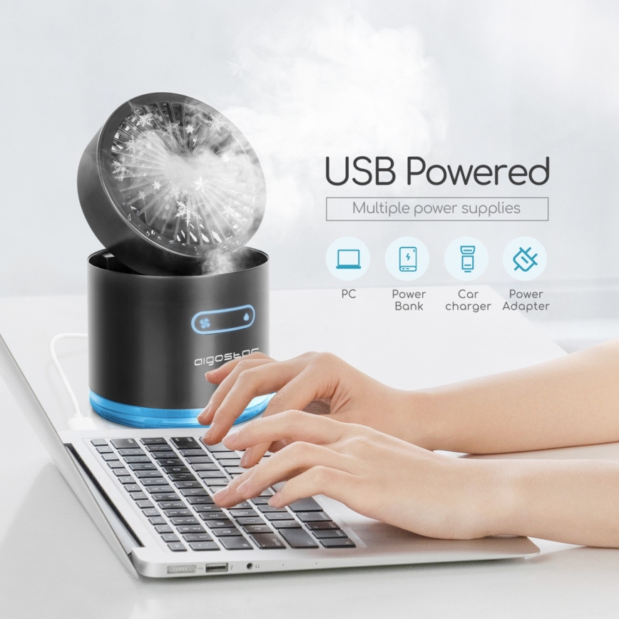 Aigostar - RGB Belaidis mini stalas ventiliatorius su rūko efektu MIST 10W/5V juoda