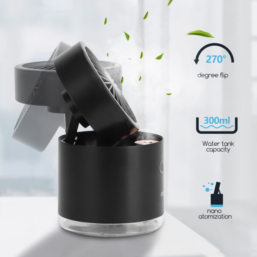 Aigostar - RGB Belaidis mini stalas ventiliatorius su rūko efektu MIST 10W/5V juoda