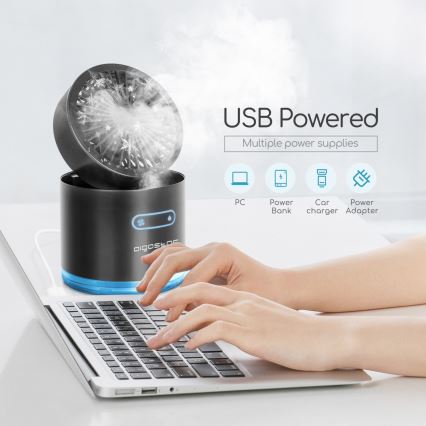 Aigostar - RGB Belaidis mini stalas ventiliatorius su rūko efektu MIST 10W/5V juoda
