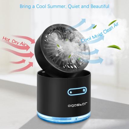 Aigostar - RGB Belaidis mini stalas ventiliatorius su rūko efektu MIST 10W/5V juoda