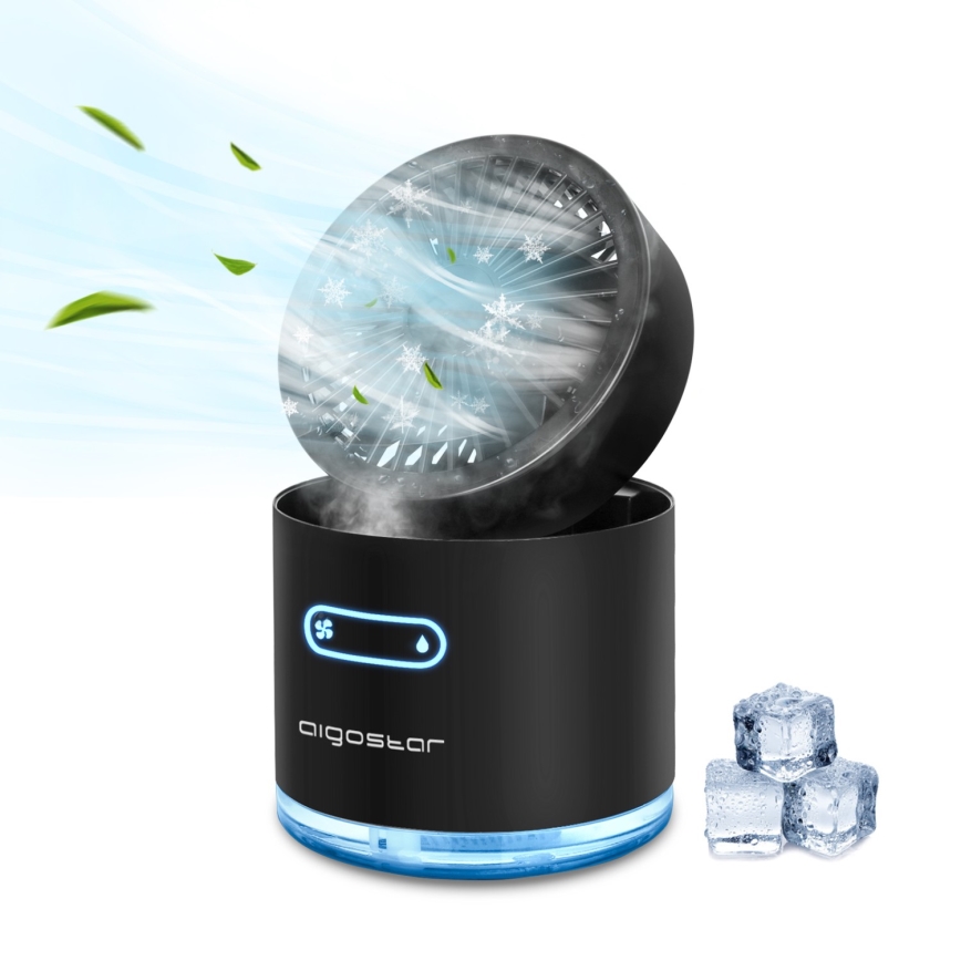 Aigostar - RGB Belaidis mini stalas ventiliatorius su rūko efektu MIST 10W/5V juoda
