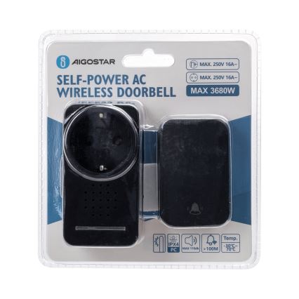 Aigostar - Bevielis prijungiamas durų skambutis 1Z 230V IPX4 juoda