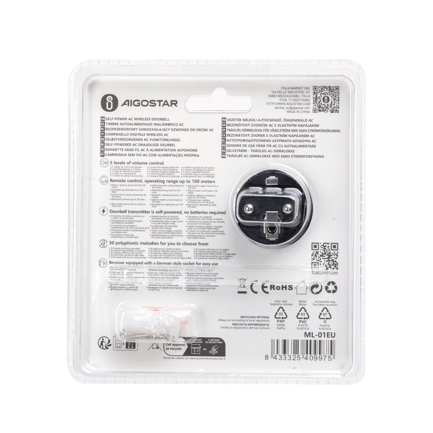 Aigostar - Bevielis prijungiamas durų skambutis 1Z 230V IPX4 juoda