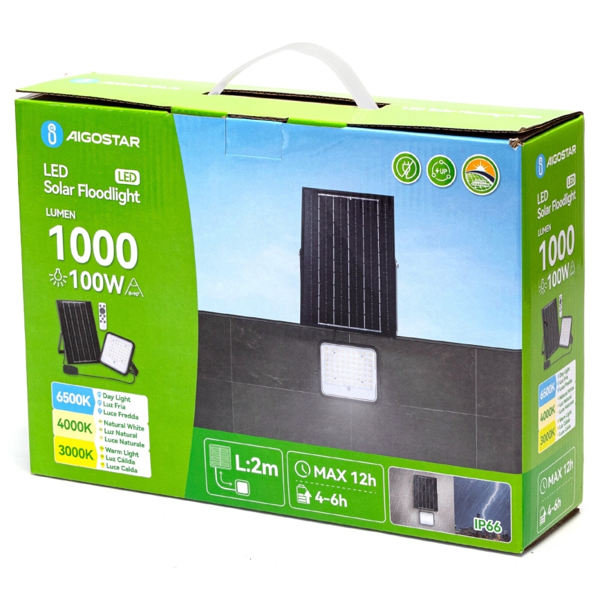 Aigostar - Dimeriuojamas saulės LED prožektorius LED/100W/3,4V 3000/4000/6500K IP66 8000 mAh + nuotolinis valdymas